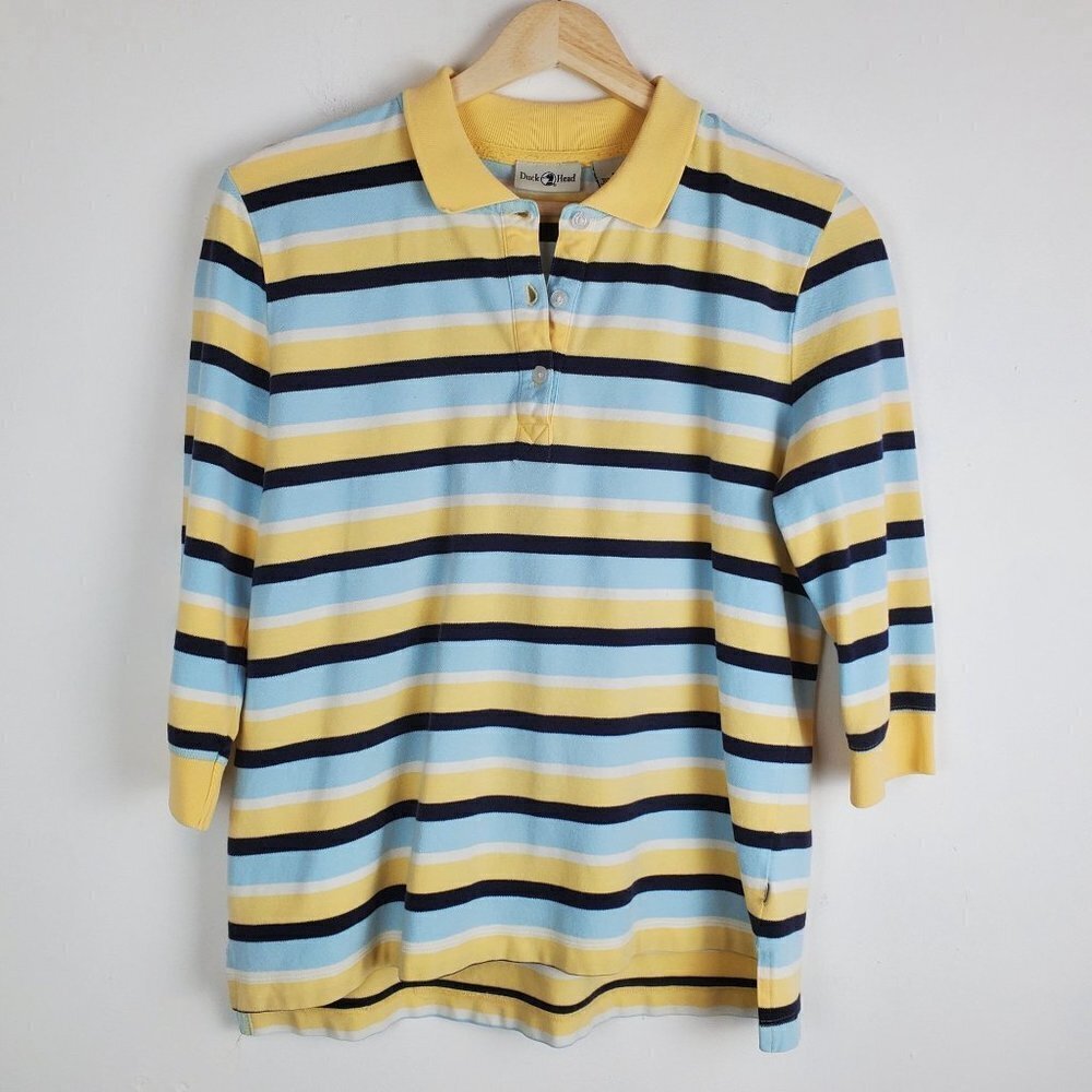 VINTAGE Duckhead Small Striped Polo Shirt 3/4 Sleeves 90s‎ Yellow blue